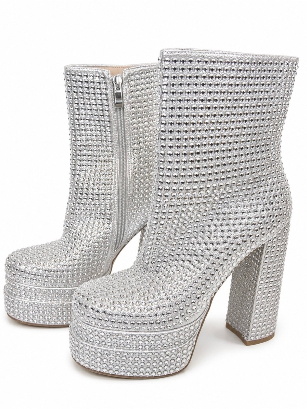 Azalea Wang Mateo Silver Crystal Platform Ankle Boots - Women's Statement Heels